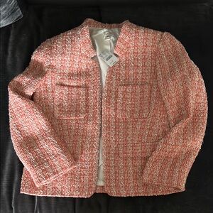 Flattering coral and white, fitted tweed Jacket